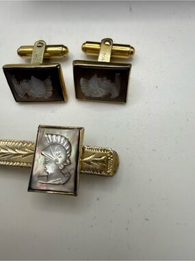 Antique 10k Gold Sterling Cameo Warrior Cufflinks Tie Bar
